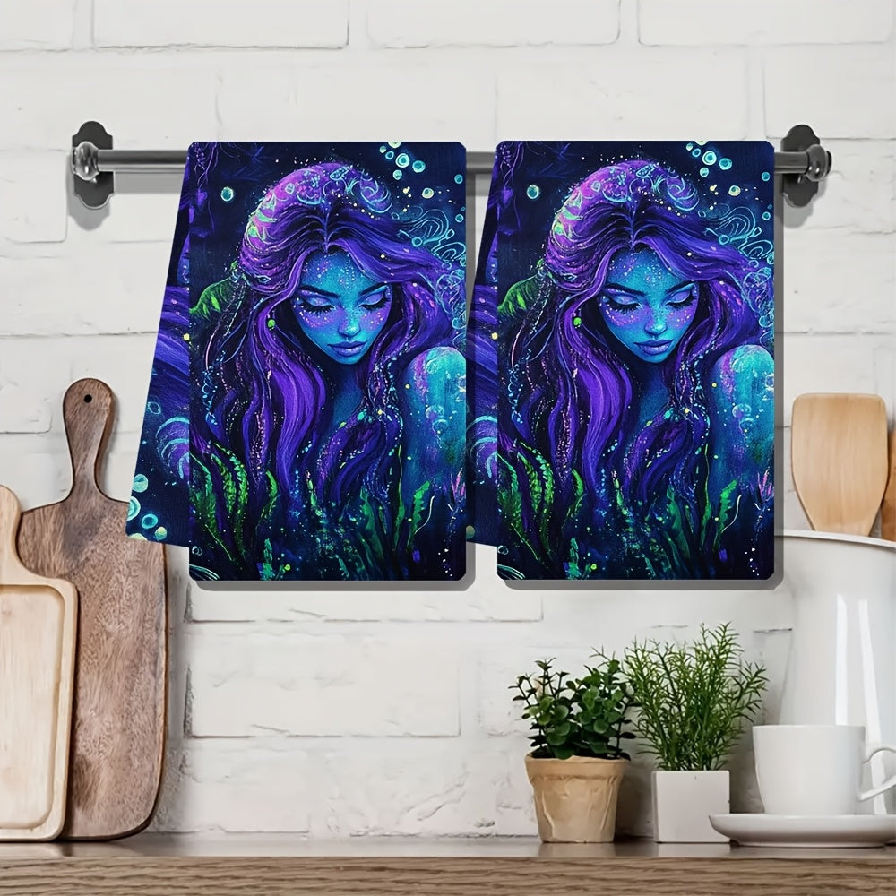 Set of 2 Soft Kitchen Towels Coastal Siren Neon Blacklight 40x60 cm