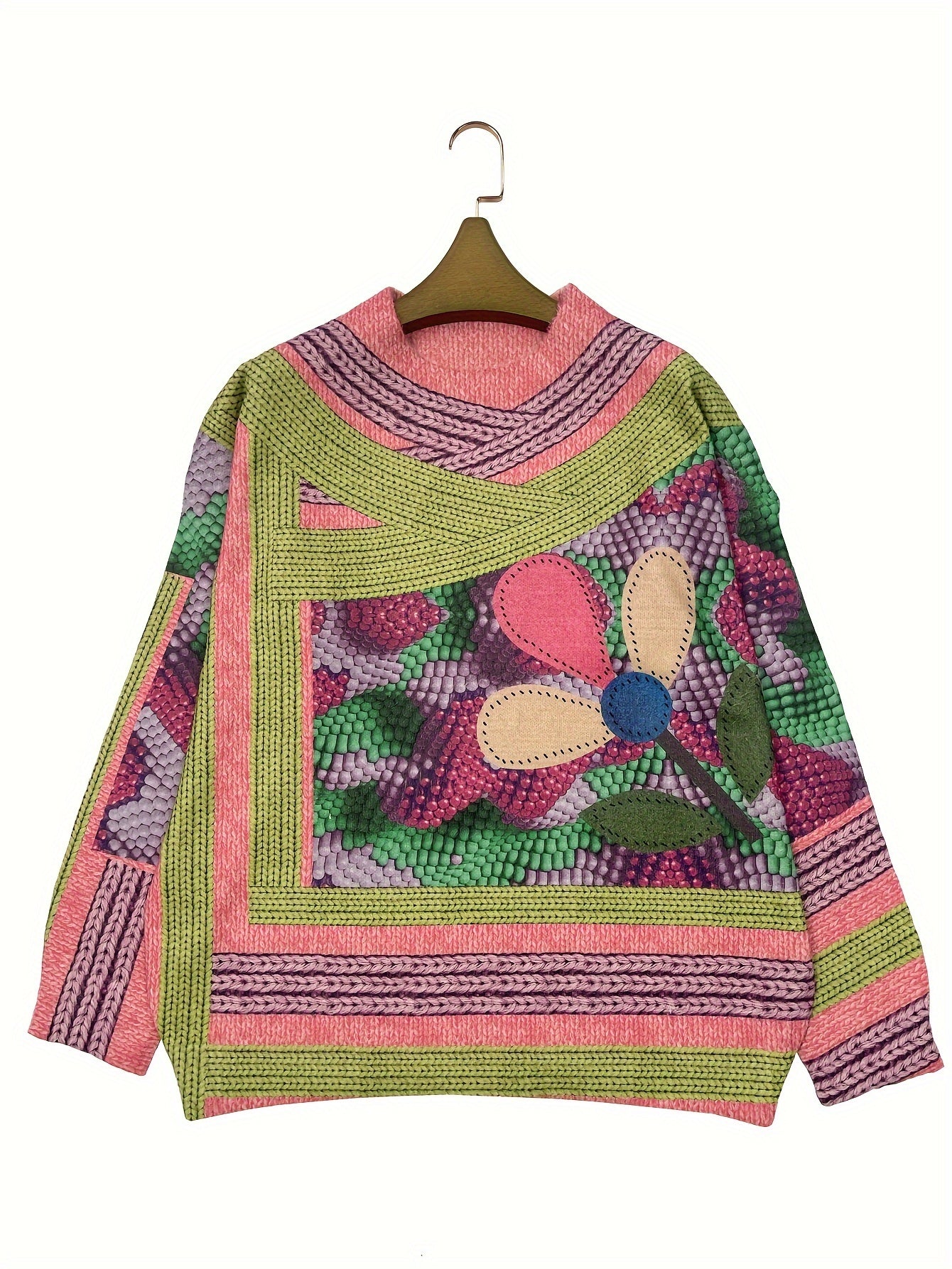 Plus Size Women's Thick Knit Sweater All-Over Print Casual Long Sleeve Pullover