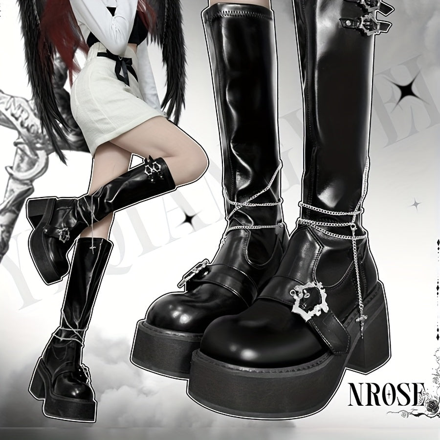 Women's Gothic Platform Boots Spicy Punk Shoes Black Leather