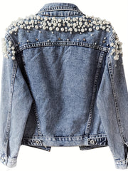 Women's Denim Jacket with Pearl Rhinestone Embellishments Casual Spring Fall Outerwear