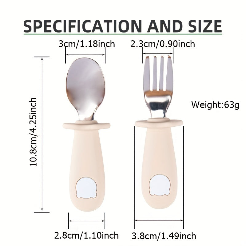 Bola va kichkina bolalar uchun idishlar to'plami, silikon Panda tutqichli zanglamaydigan po'latdan yasalgan vilka va qoshiq