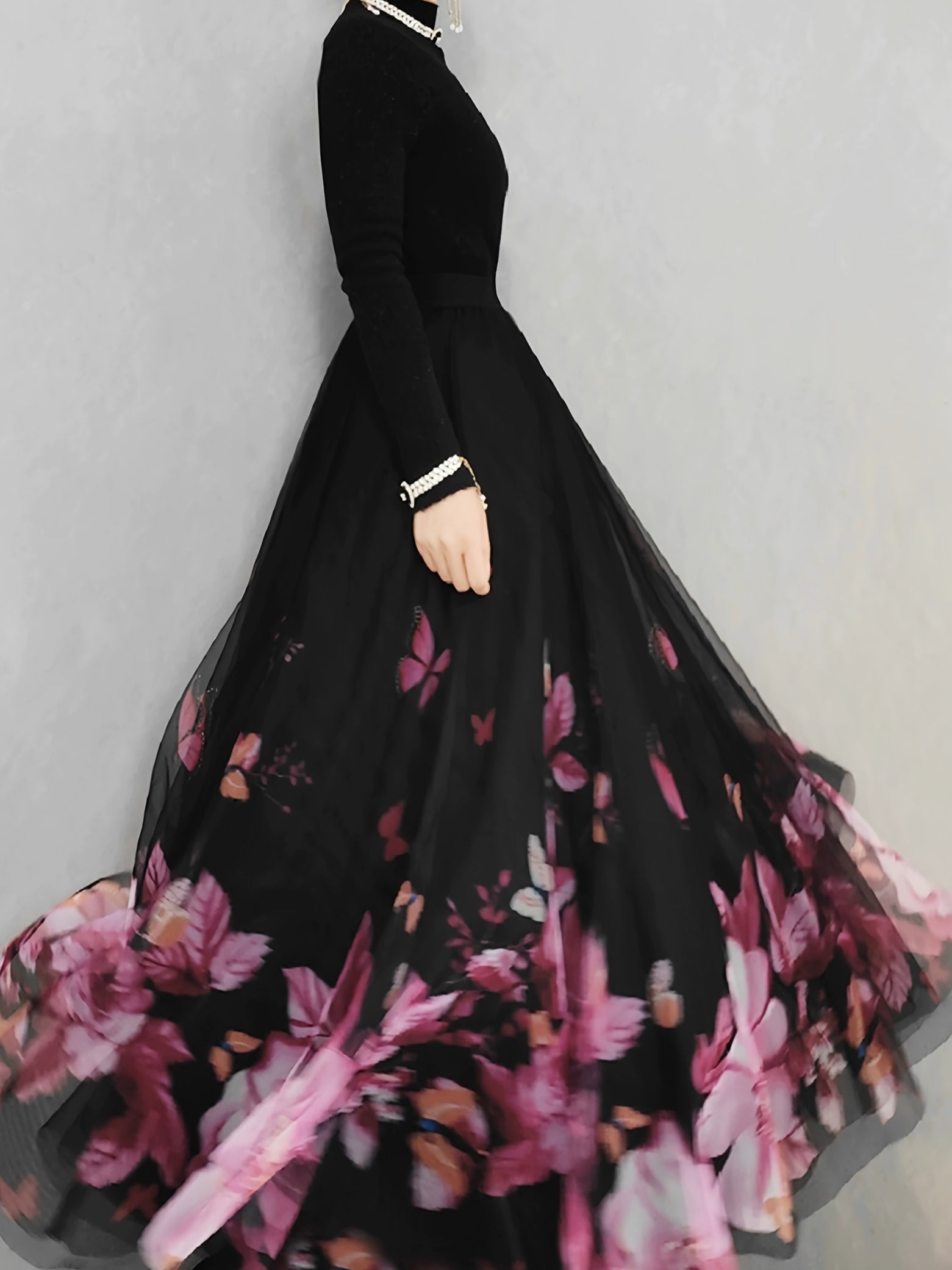 Women's Maxi Skirt with Floral and Butterfly Print Ruffle Hem Polyester All-Season