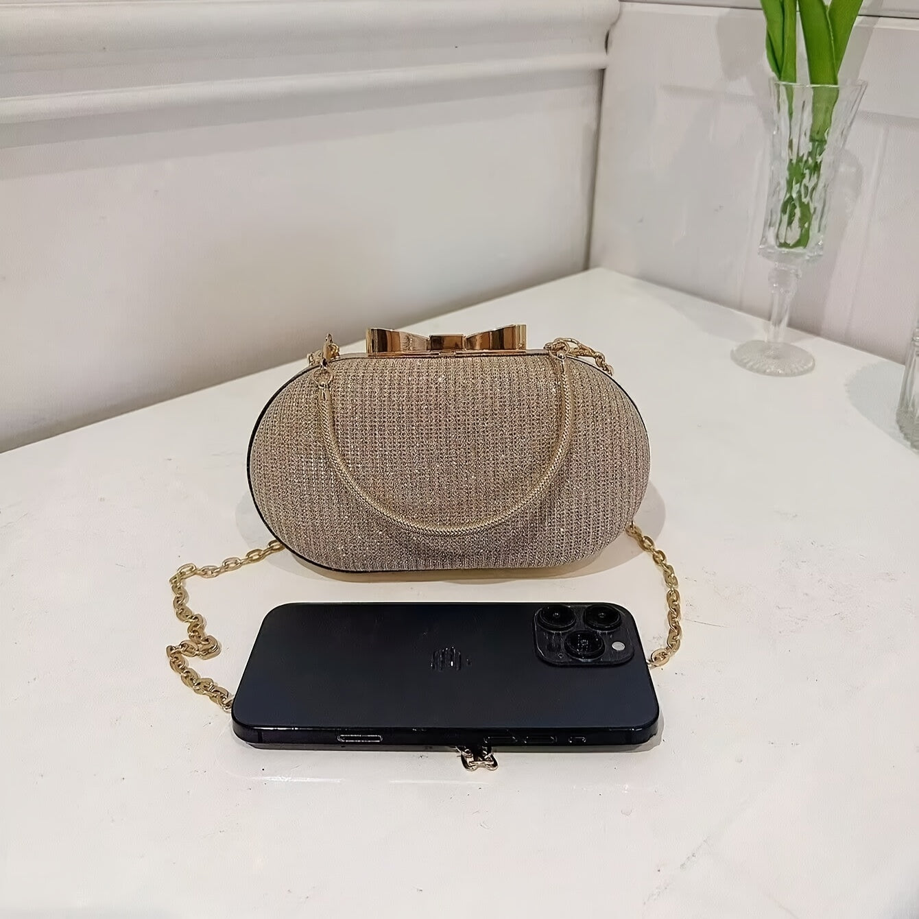 Women's Glitter Evening Bag with Diamonds, Crossbody, Removable Strap