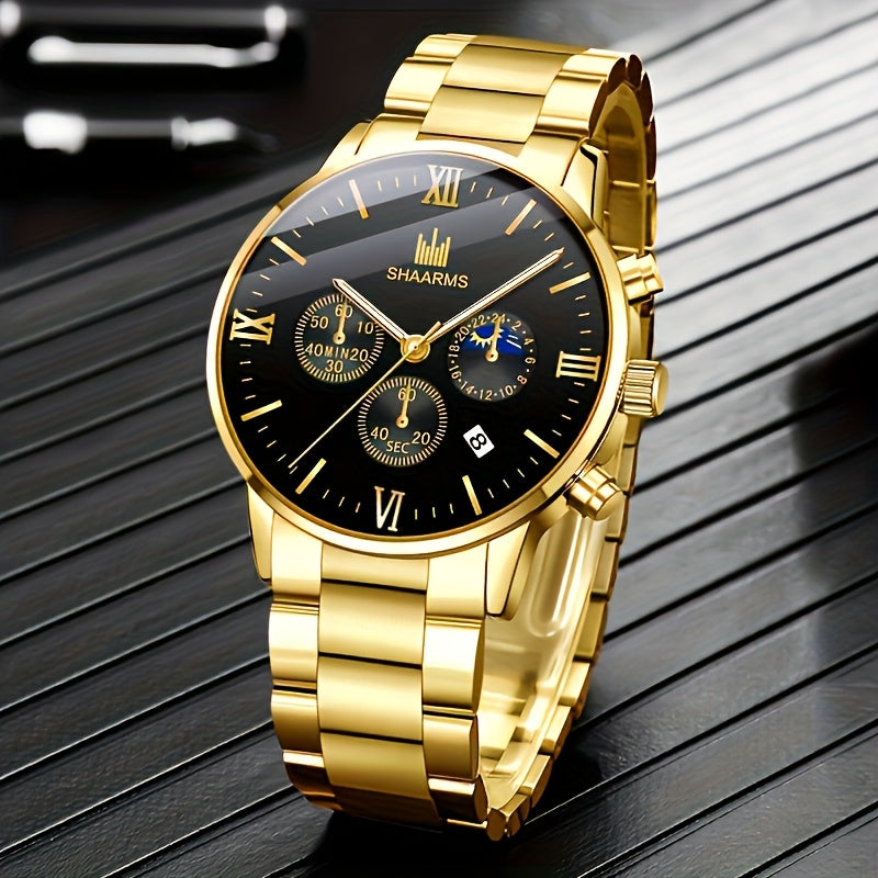 Men's Stainless Steel Quartz Watches with Calendar, Casual and Sport Styles