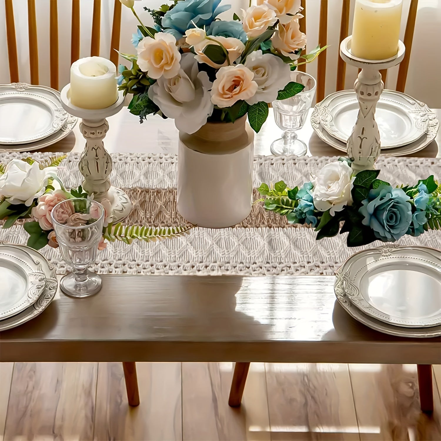 Boho Farmhouse Style Polyester Table Runner with Brown Macrame and Tassels for Holiday and Wedding Decor