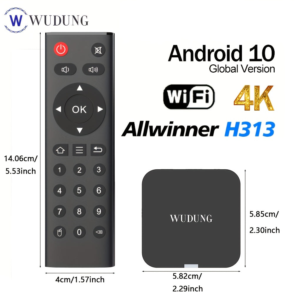 WU DUNG Mini Smart TV Box, Allwinner H313 to'rt yadroli chipi, Android 10.0, 2GB RAM, 16GB ROM, 2.4G WiFi, 4K qo'llab-quvvatlash, devorga yoki televizor orqasiga o'rnatish uchun ixcham o'lcham.