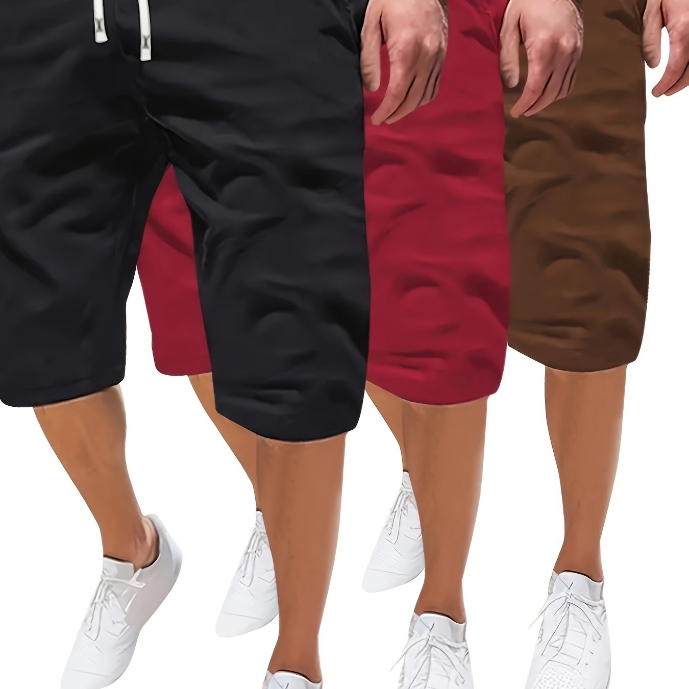 Pantalones cortos casuales para hombre de tallas grandes con cintura de cordón, bolsillos, poliéster transpirable