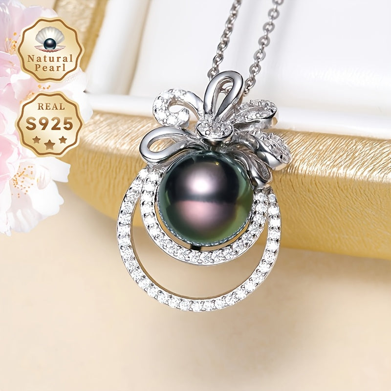 Women’s Pearl Necklace S925 Silver 9-10mm Black Round Pearls Gift Box