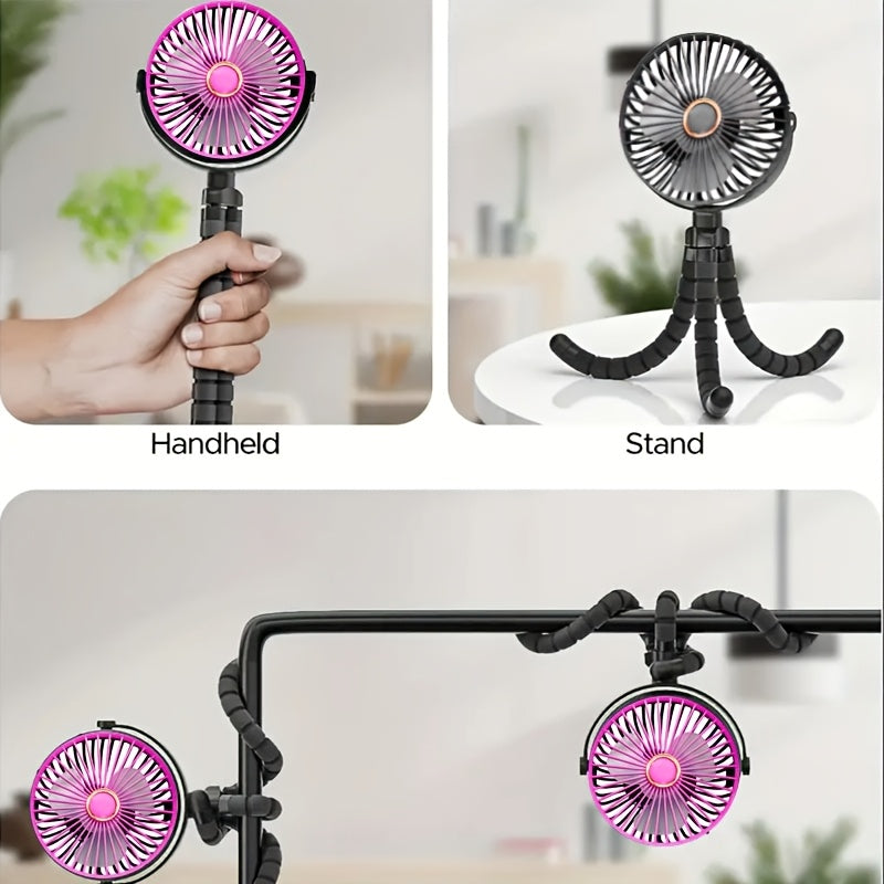 Portable Pink Octopus Stroller Fan with USB Rechargeable Battery and Adjustable Stand