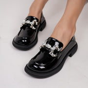Women's Rhinestone Decor Chunky Heel Loafers Slip-On Dress Shoes All-Season