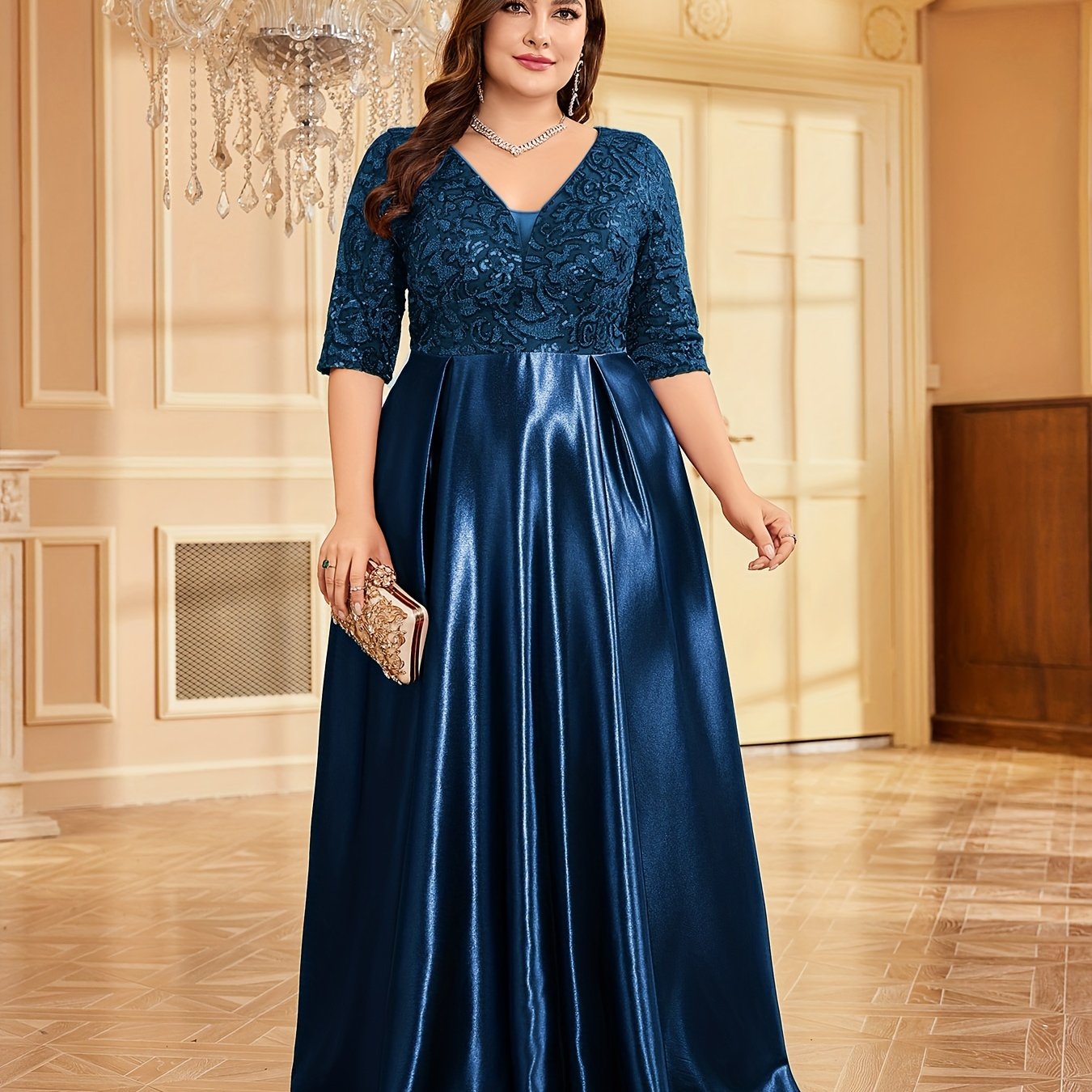 Women Sequin V-Neck Wedding Dress Mermaid A-Line Formal Gown