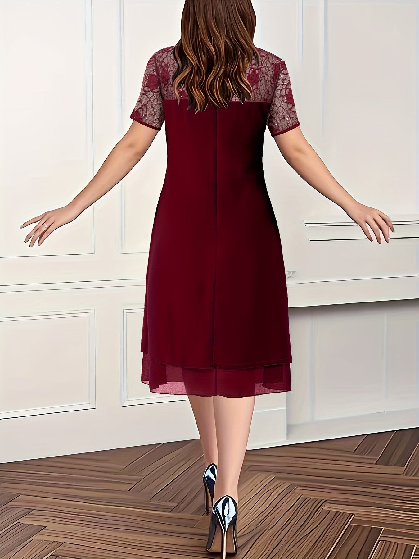 Plus Size Ladies Lace Panel Crewneck Dress Comfortable Elegant Evening Wear