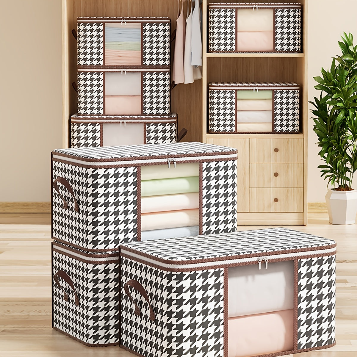 Houndstooth Pattern Clothes Storage Bag with Transparent Window Non-Woven Foldable Dustproof Organizer