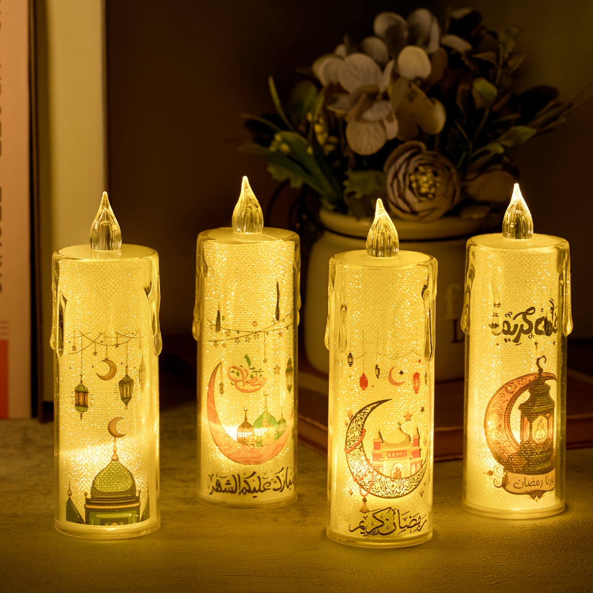 4 ta LED Ramazon sham yoritgichlari batareyalar bilan ishlaydi, Eid va bayram tadbirlari uchun mukammal.