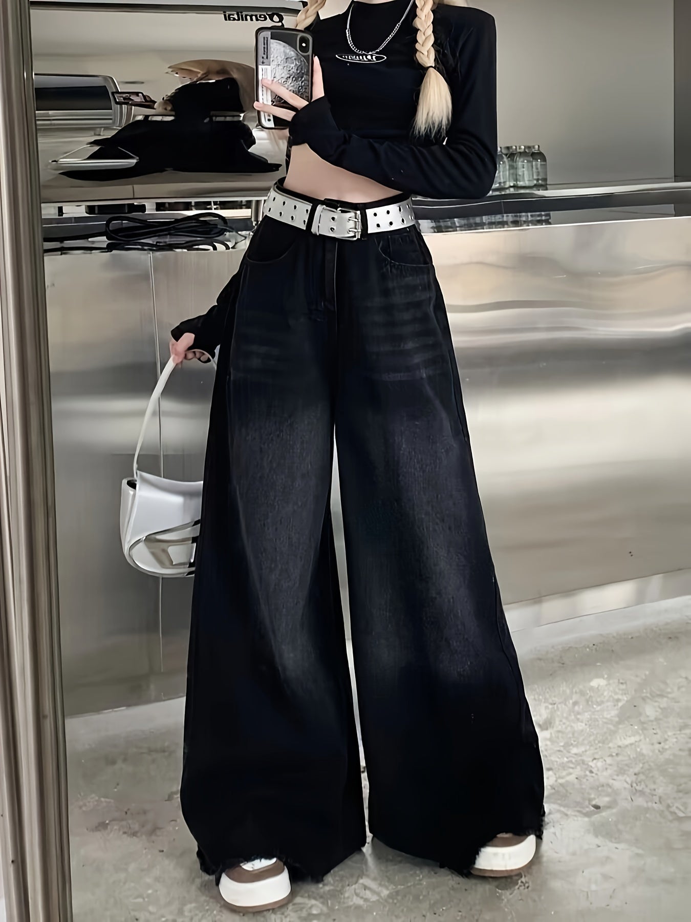 Ayollar uchun yuvilgan denim keng oyoqli jinsilar, kundalik, katta hajmli, to'g'ri kesim