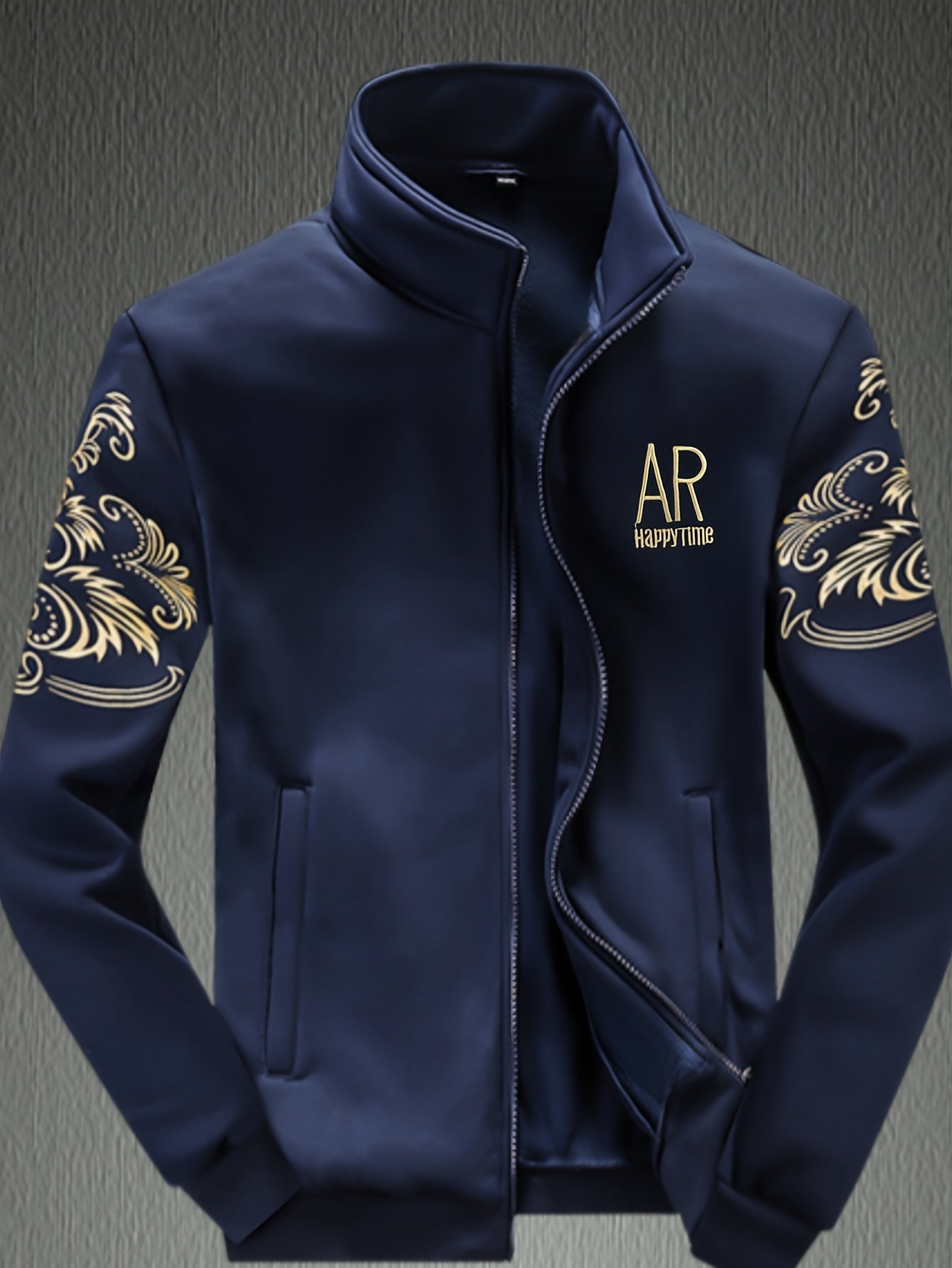 Men's Athletic Set with Stand Collar Zip-Up Jacket and Elastic Waist Joggers in Black and Gold Floral Pattern