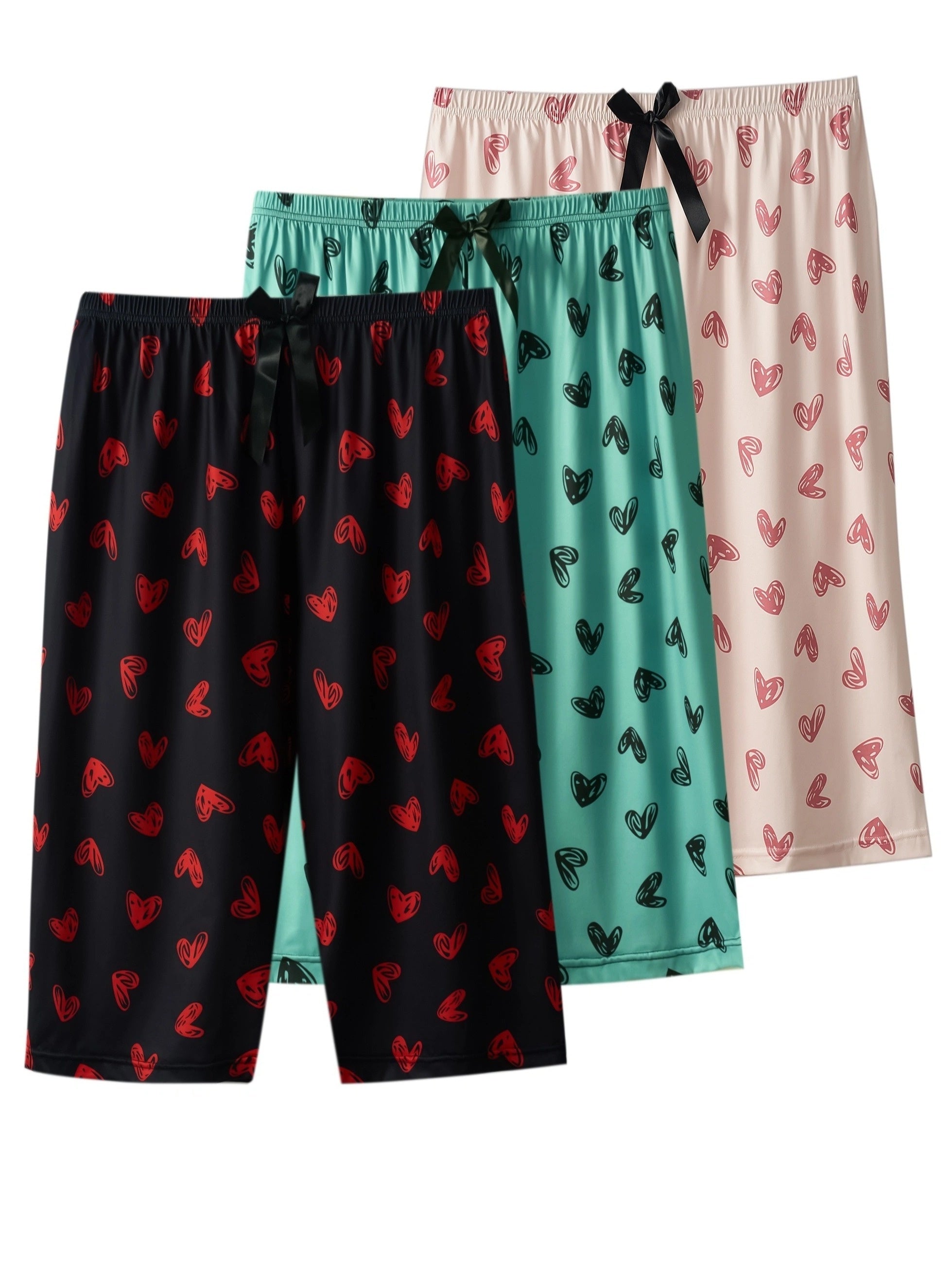 Women's Plus Size Heart Print Lounge Capri Pants Elastic Waist Pajama Bottoms