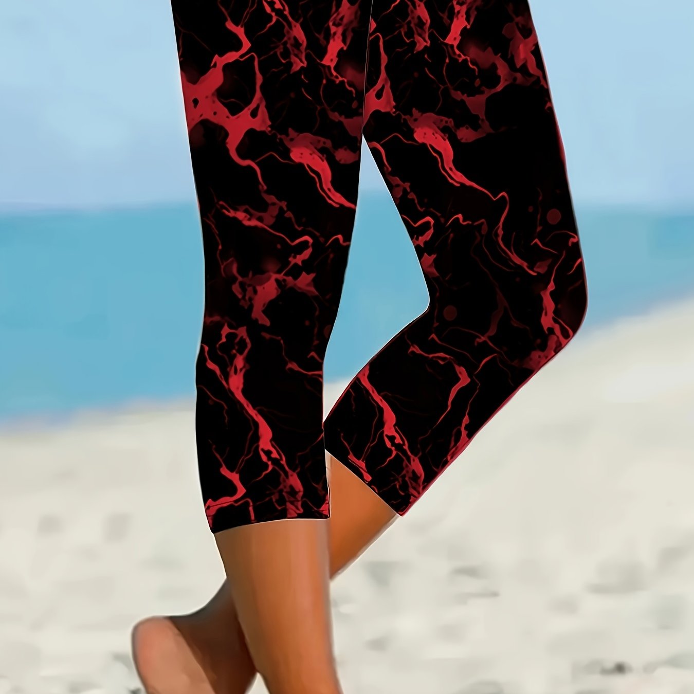 Women's High-Waisted Leggings with Abstract Red Black Print Stretchy Comfortable