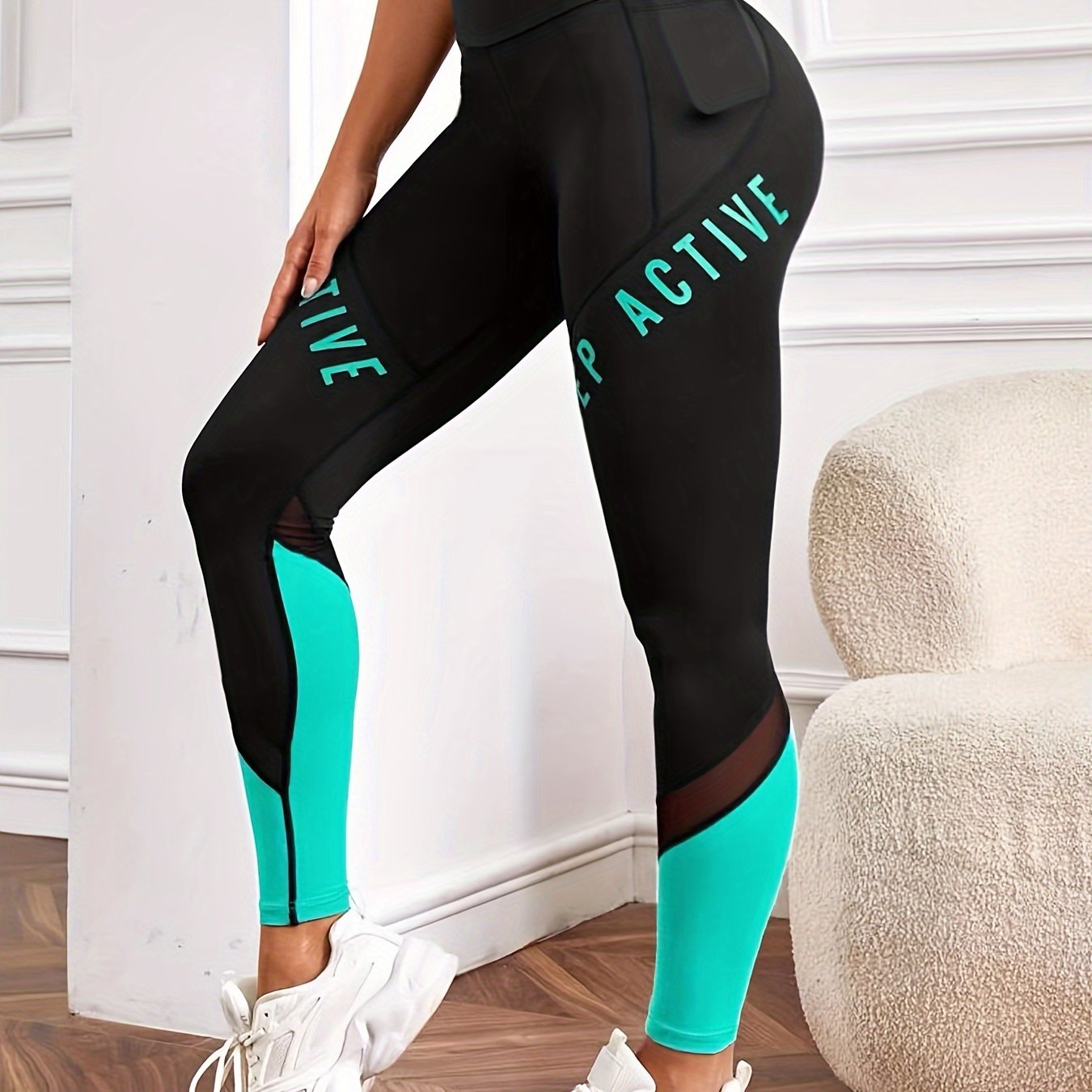 Women's High Waist Yoga Leggings with Pockets and Color-Block Letter Print