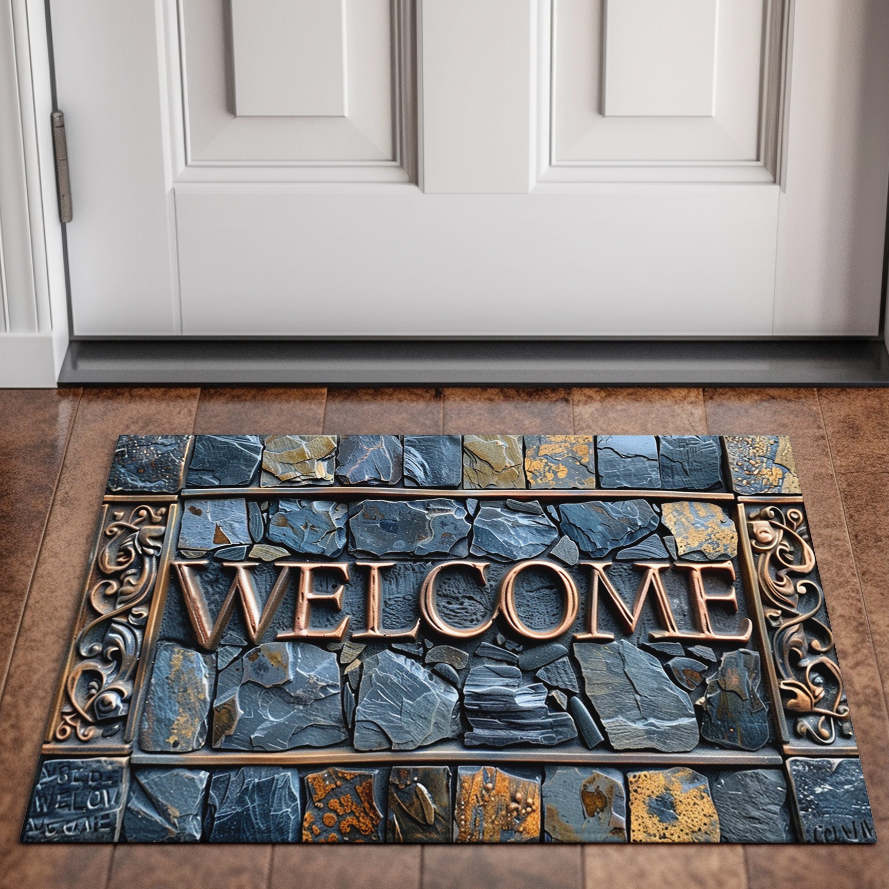 3D Stone Pattern Cobblestone Welcome Mat Waterproof Non-Slip Polyester Entryway Rug