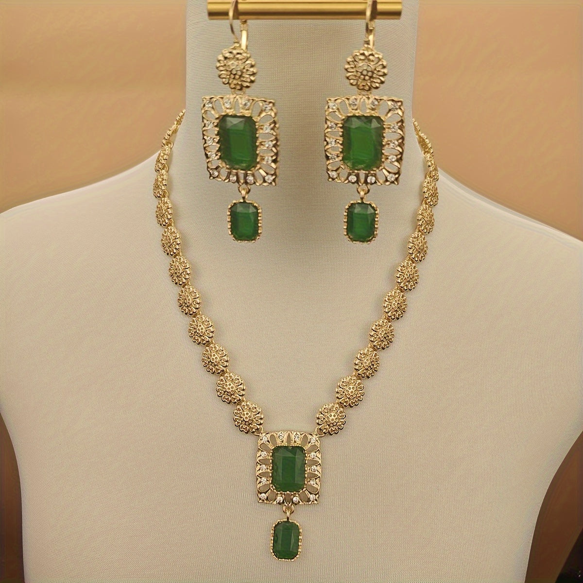 Vintage Boho Jewelry Set with Green and Orange Rhinestones for Weddings Festivals Ramadan
