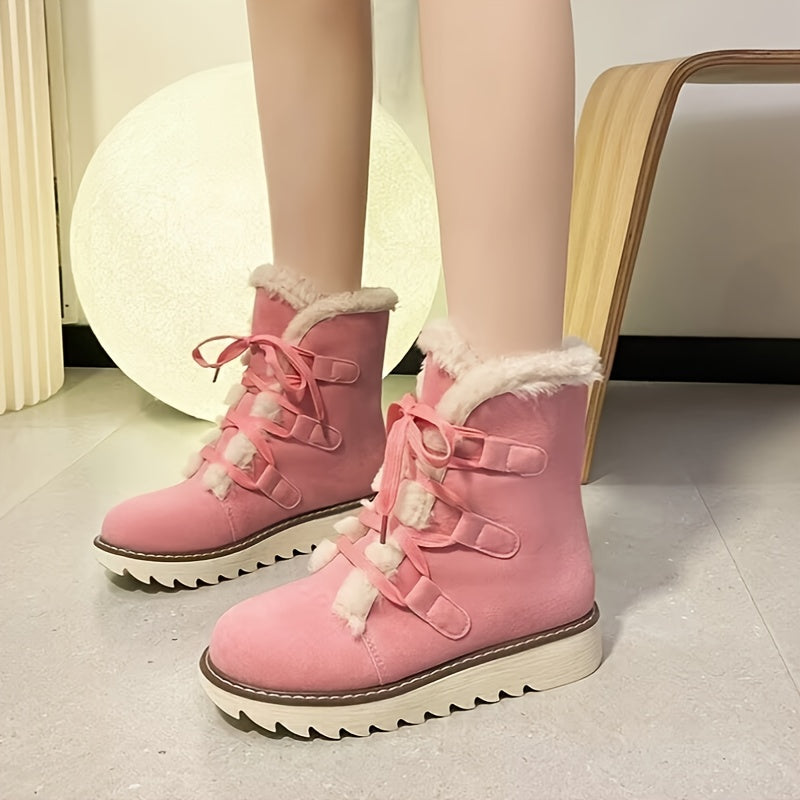 Women's Plush Lined Snow Boots Solid Color Lace-Up Warm Mid-Calf Outdoor Anti-Slip