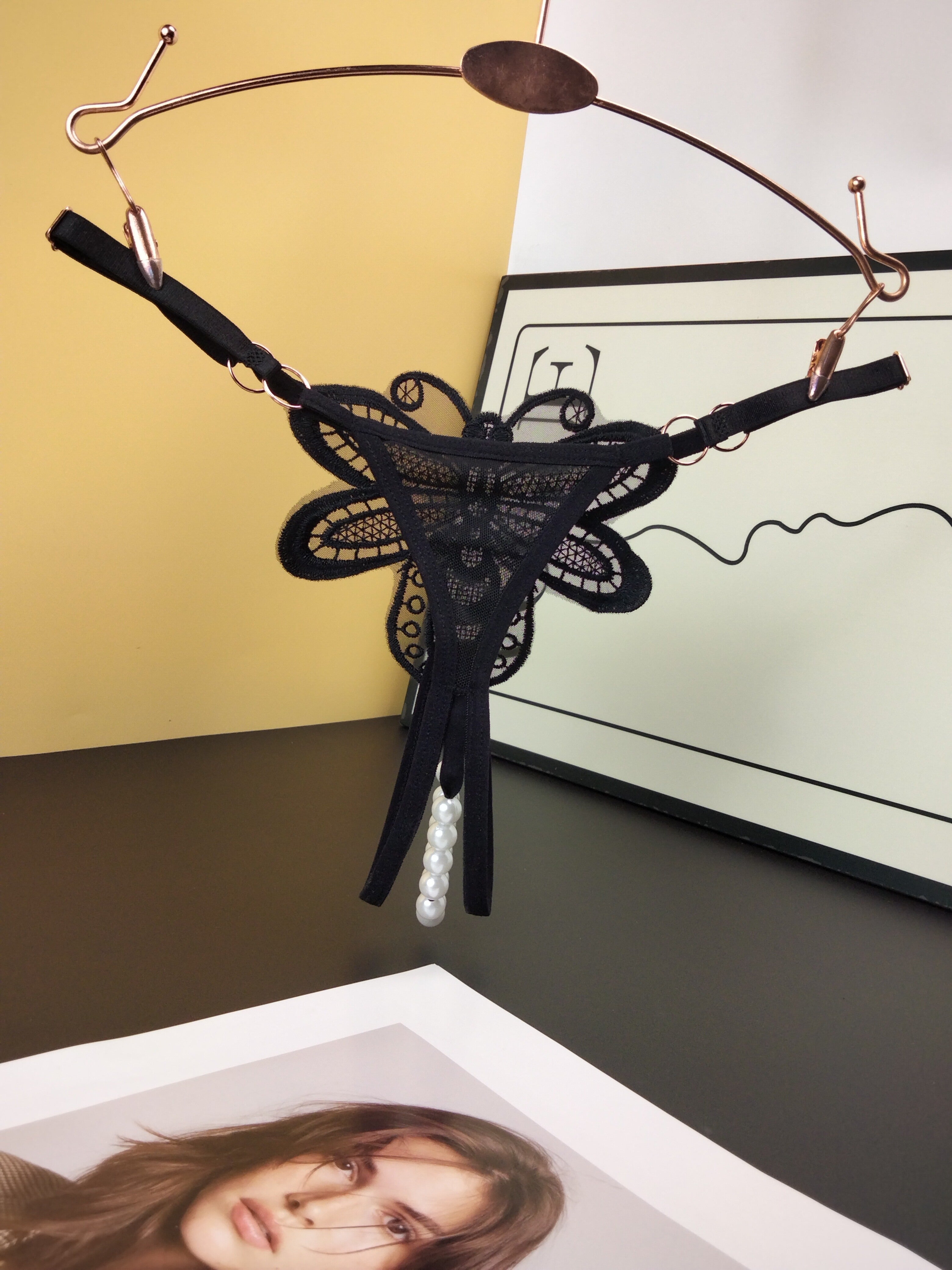 Women's Floral Applique Thong Panties with Faux Pearl Decor Open Crotch Low Waist Lingerie