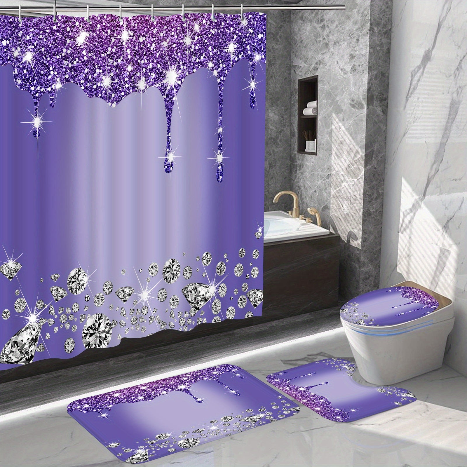 4-Piece Bathroom Set with Diamond Shower Curtain, Non-Slip Rugs, Toilet Cover Mat and Room Partition