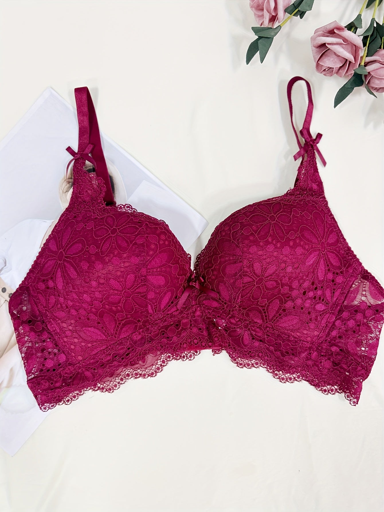 Lingerie Set with Lace, Contrast Details, Solid Color Knit Fabric, Bra and Briefs