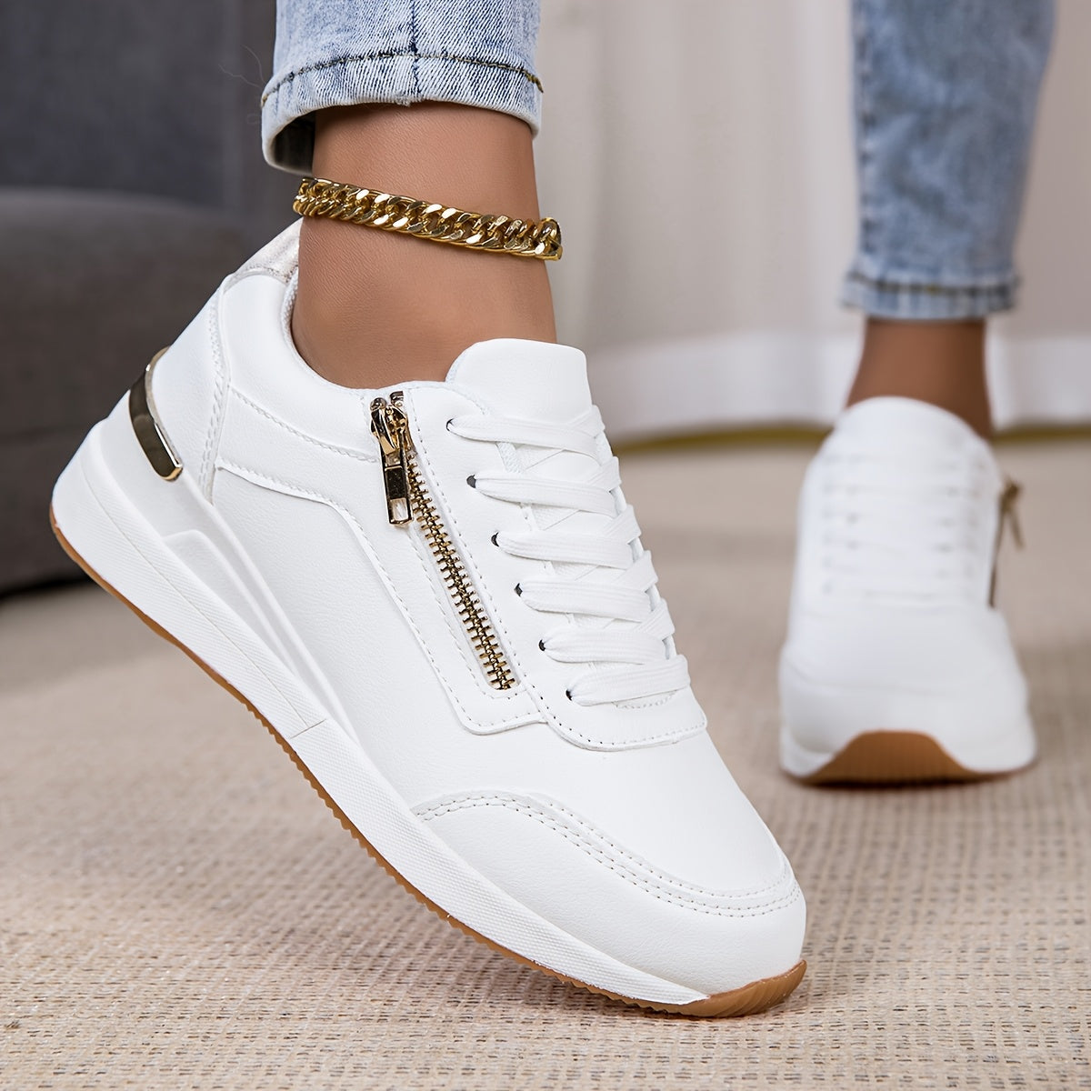 Women's White Low-Top Sneakers with Metallic Accents and Anti-Slip Sole