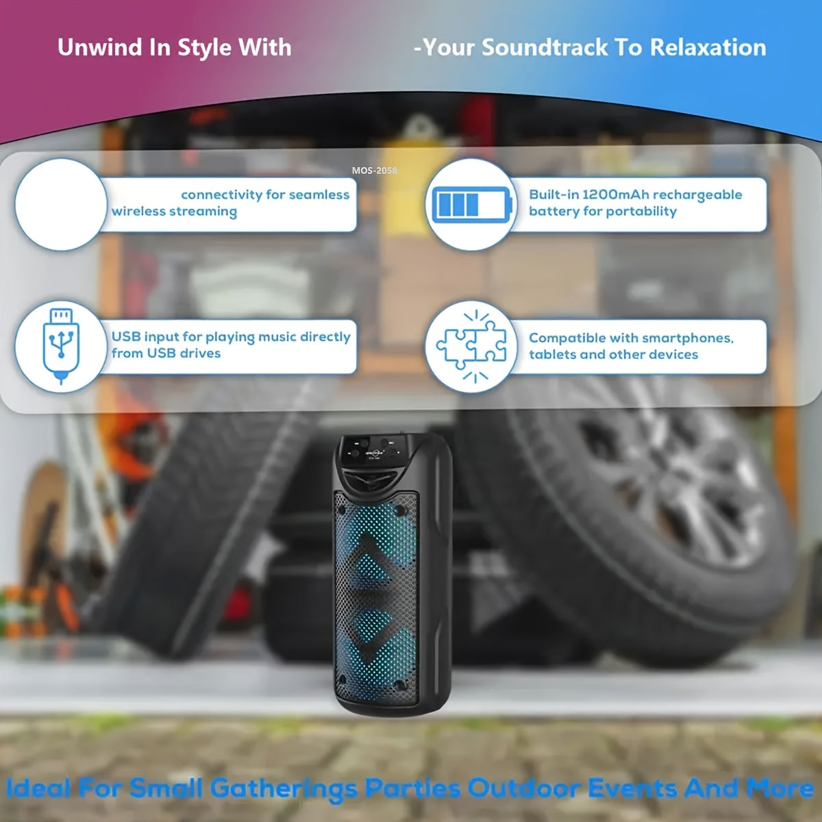 Altavoz inalámbrico portátil Bluetooth con iluminación RGB, soporte para tarjeta USB TF, sonido estéreo, duradero, ABS para camping y fiestas