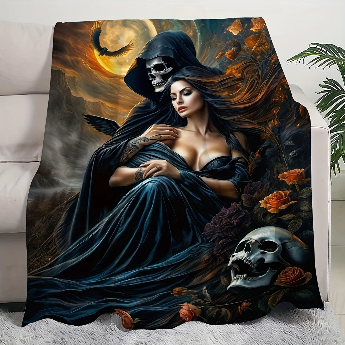 Reversible Knitted Polyester Throw Blanket with Fantasy Devil and Beauty Design