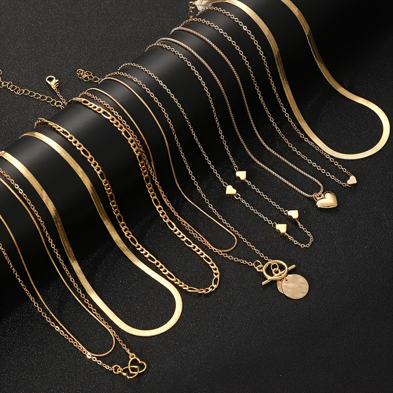 Set of 10 Minimalist Snake Chain Necklaces with Heart Pendants for Women Stylish Layered Jewelry