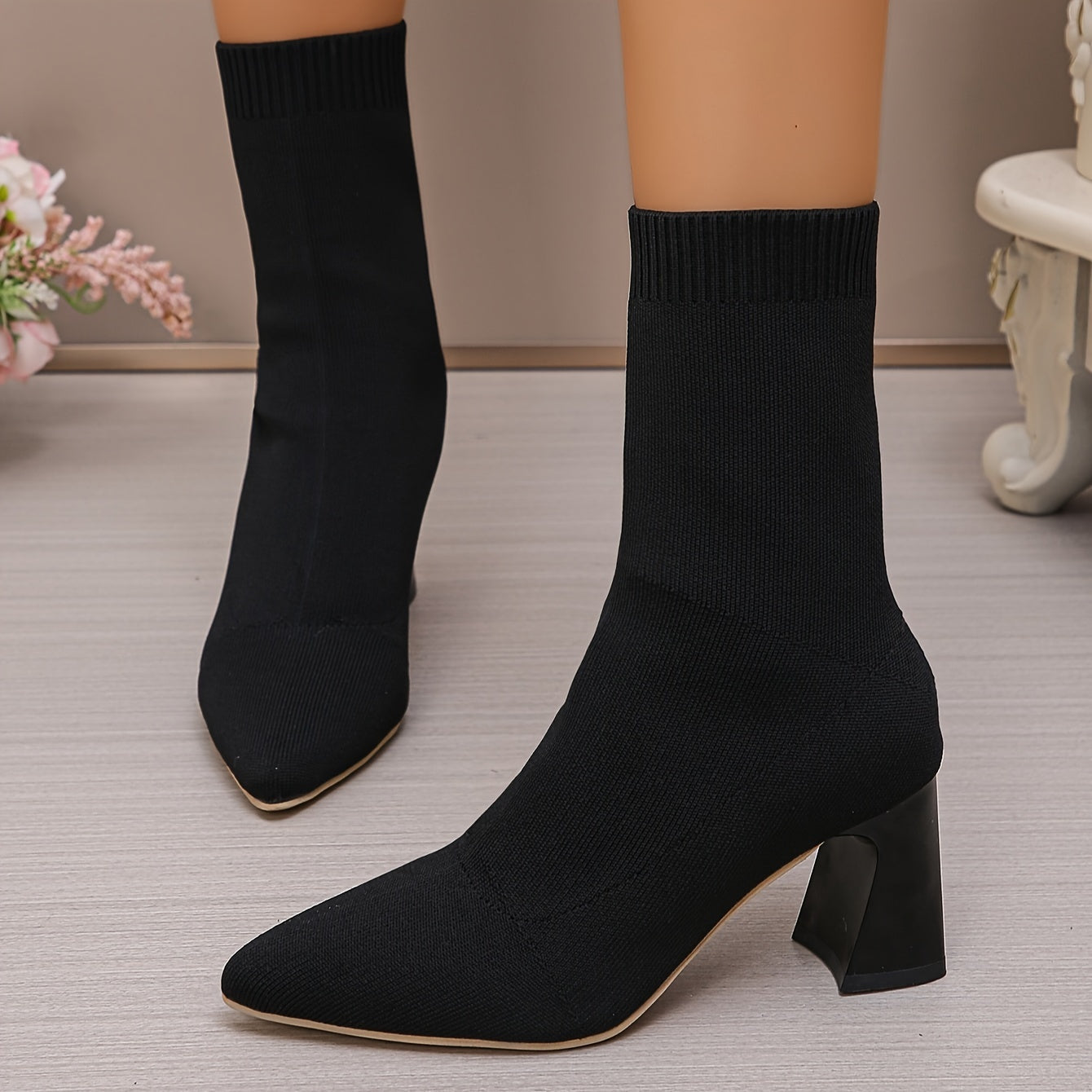 Women's Elastic Ankle Booties All-Season Knit Pointed Toe Block Heels