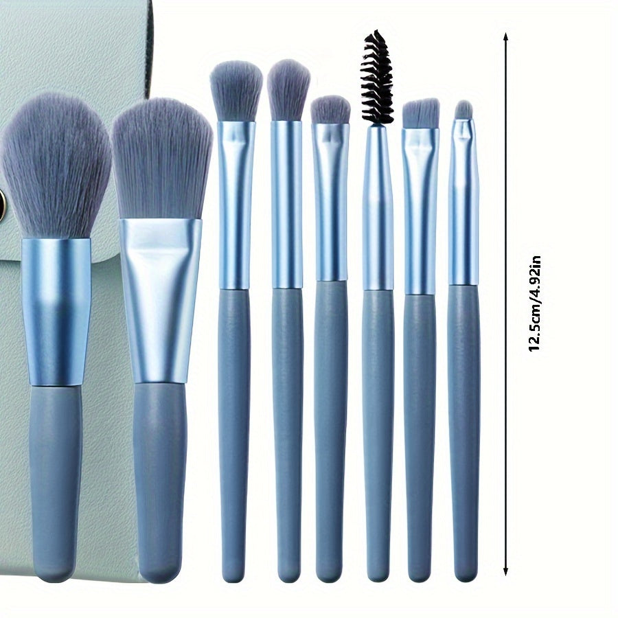 8-Piece Blue Facial Makeup Brush Set for Beginners Portable Travel-Friendly