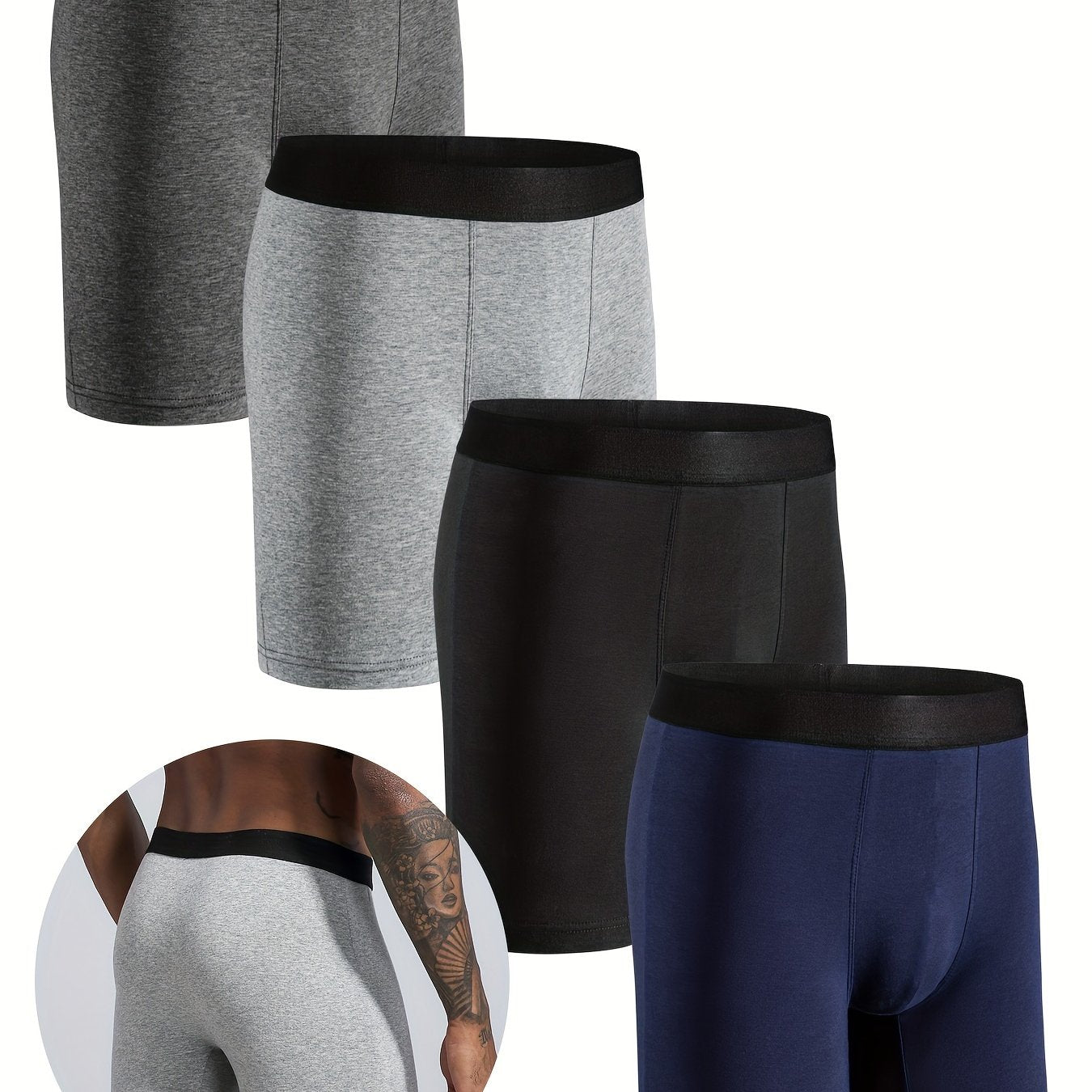 Men's Cotton Mid-Long Boxer Shorts 4-Pack Comfortable Underwear Solid Color