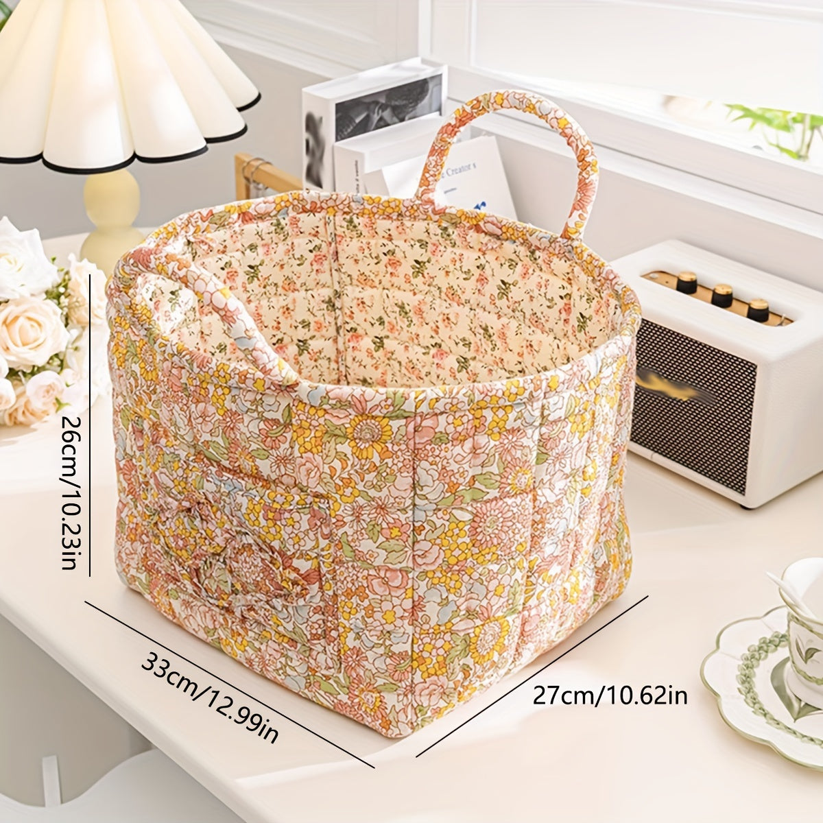 Rustic Quilted Floral Storage Basket for Baby Diapers and Toys
