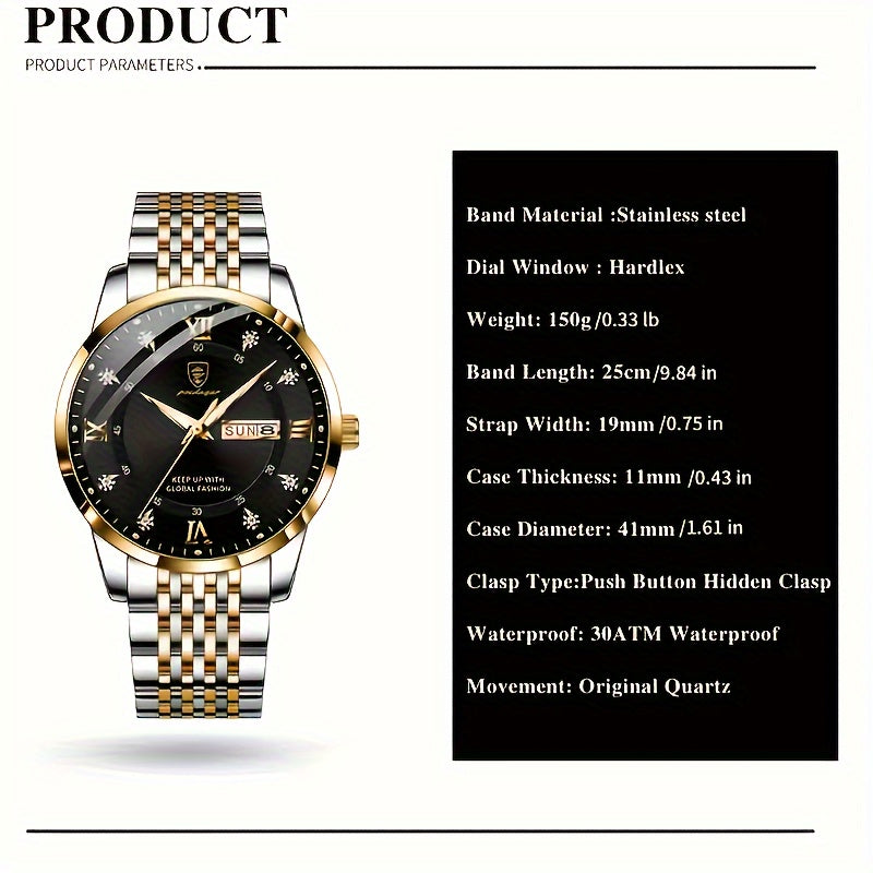 Men's Quartz Business Watch Stainless Steel Band Alloy Case Water Resistant 3ATM