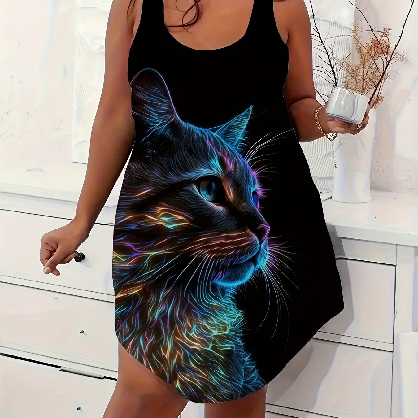 Women's Plus Size Sleeveless Cat Print Dress Lightweight Polyester Allseason