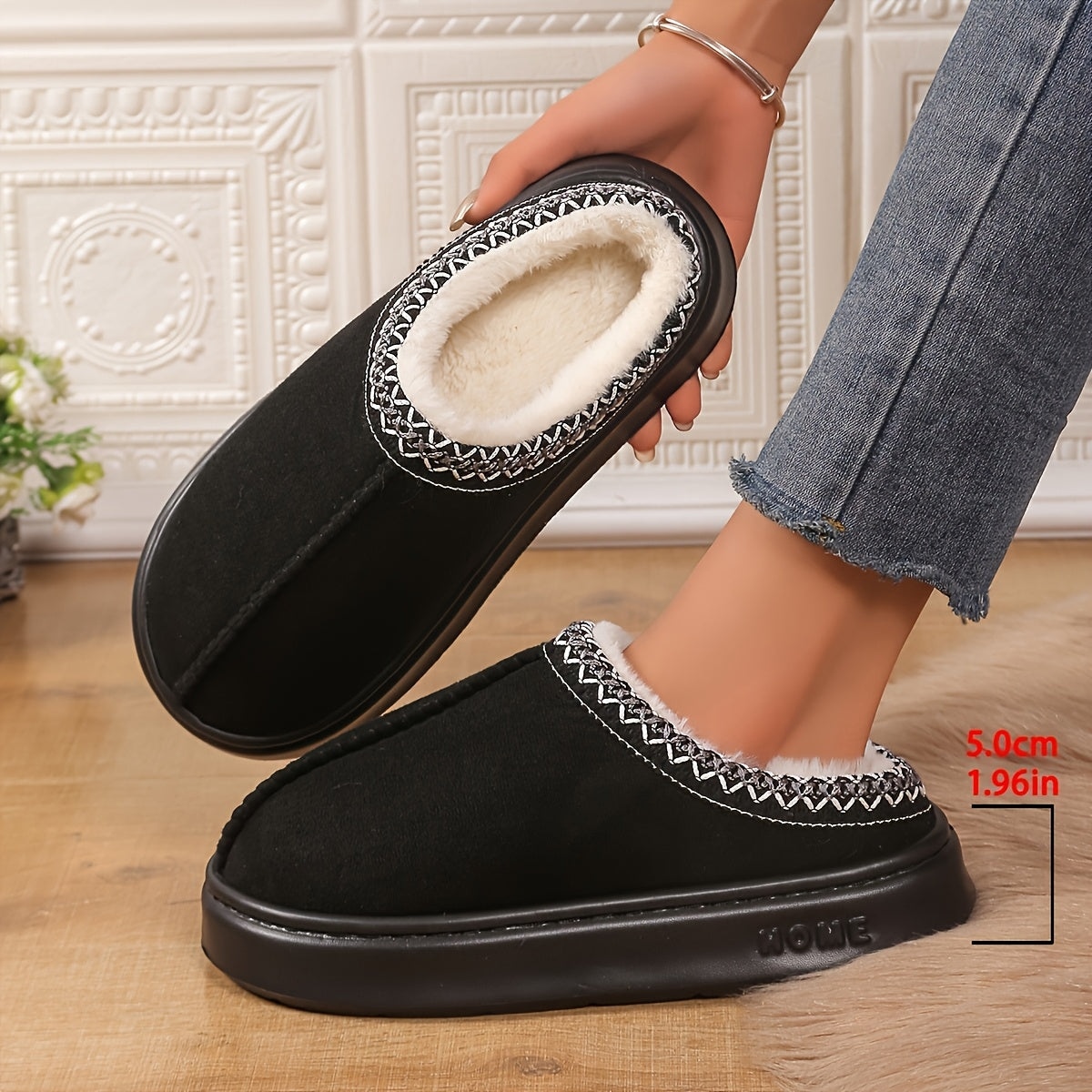 Unisex Plush Winter Slippers Soft Fabric Indoor Outdoor House Shoes Black