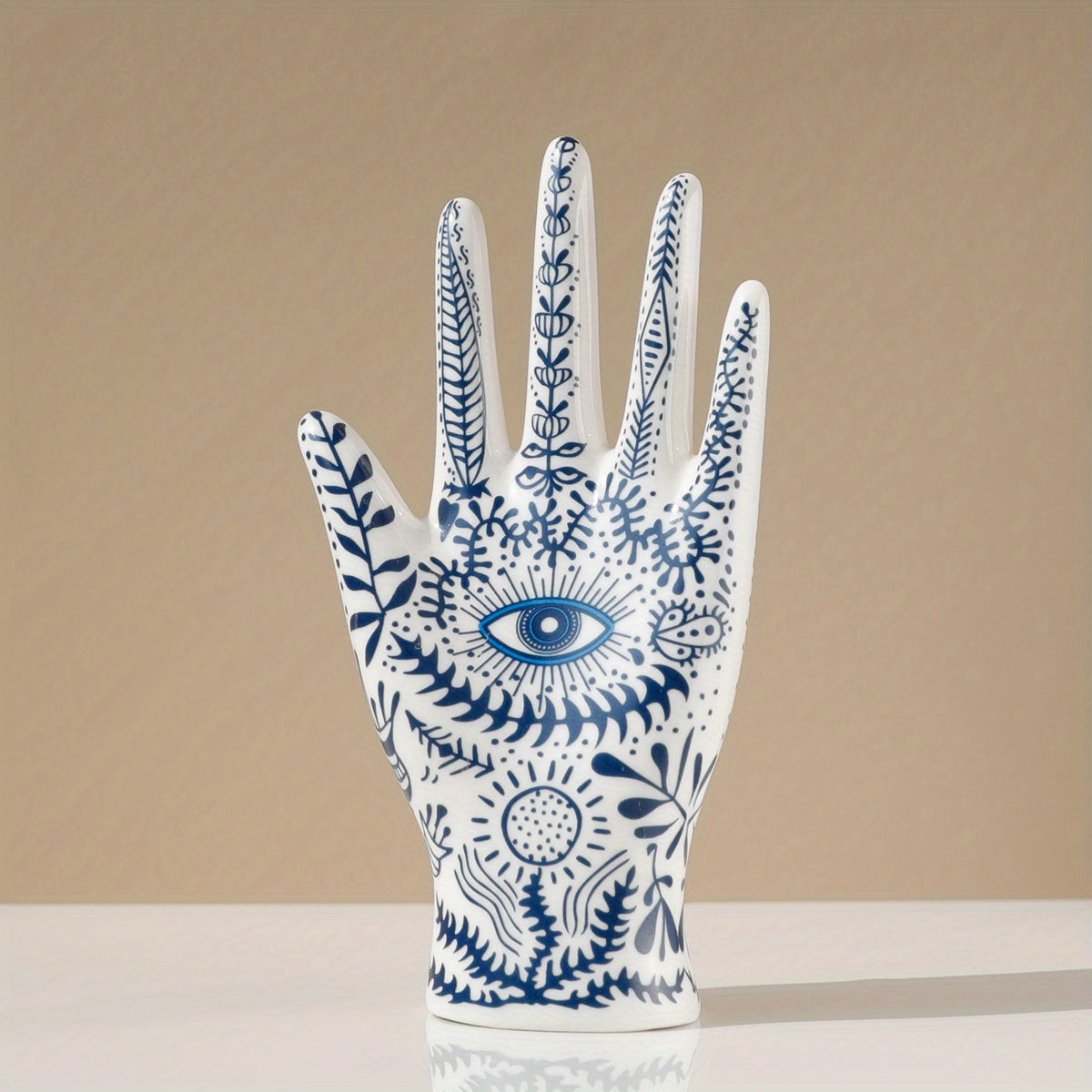 Ceramic Hamsa Ring Holder for Jewelry Display and Evil Eye Protection