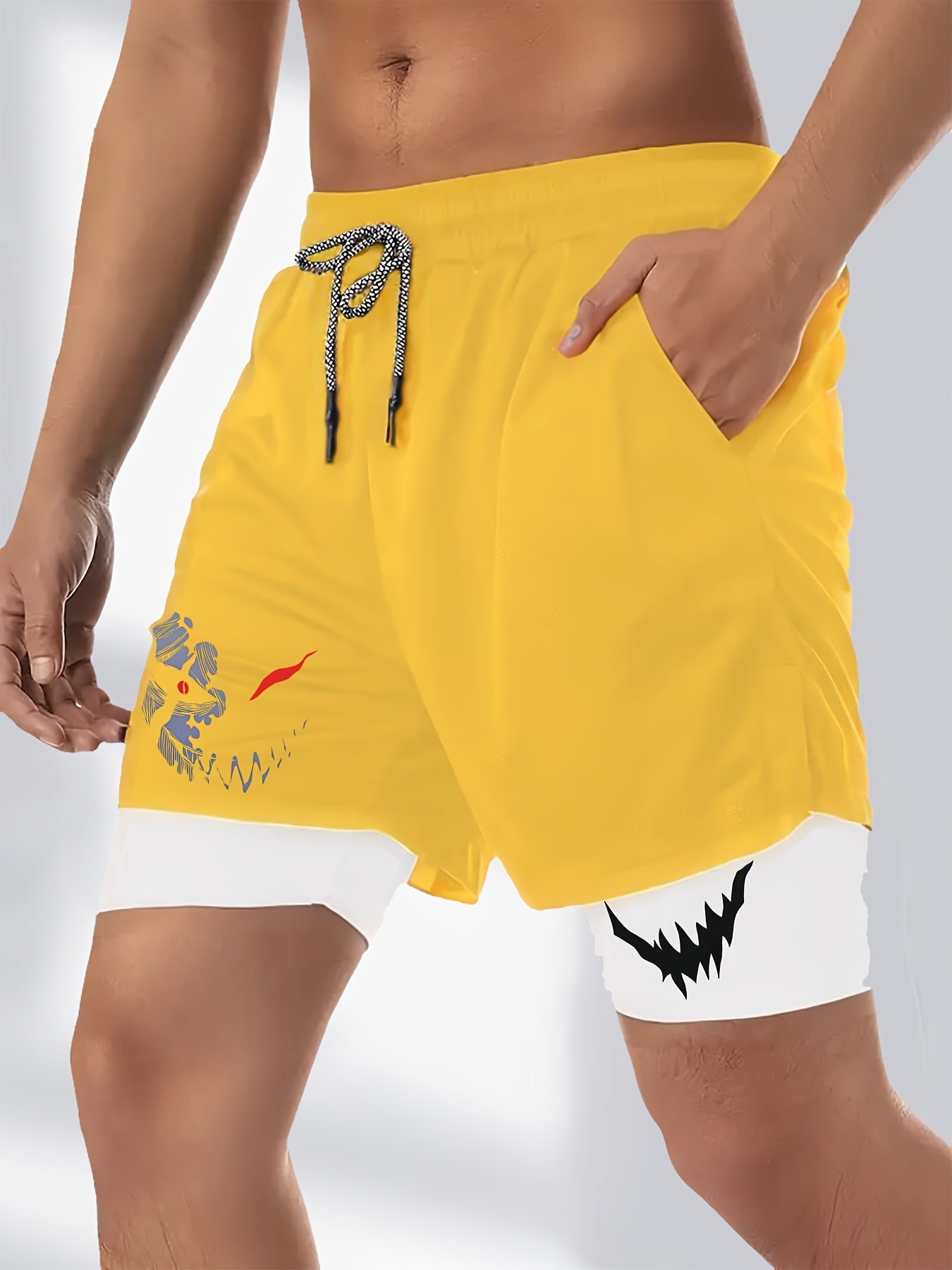 Men's Quick-Dry Dual-Layer Shorts with Pockets in Olive Green for Gym Running Sports