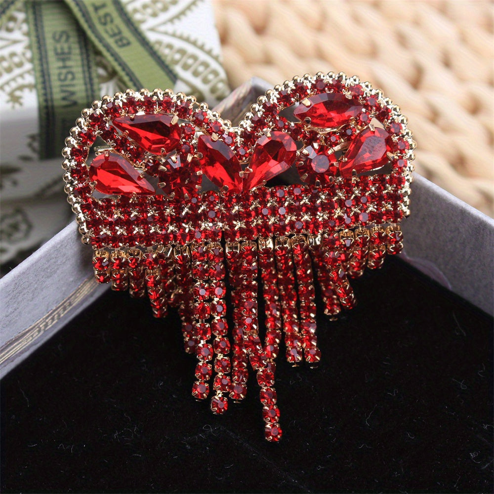 Heart-Shaped Rhinestone Brooch Pin with Tassel Irregular Shape for Ladies Party Wear