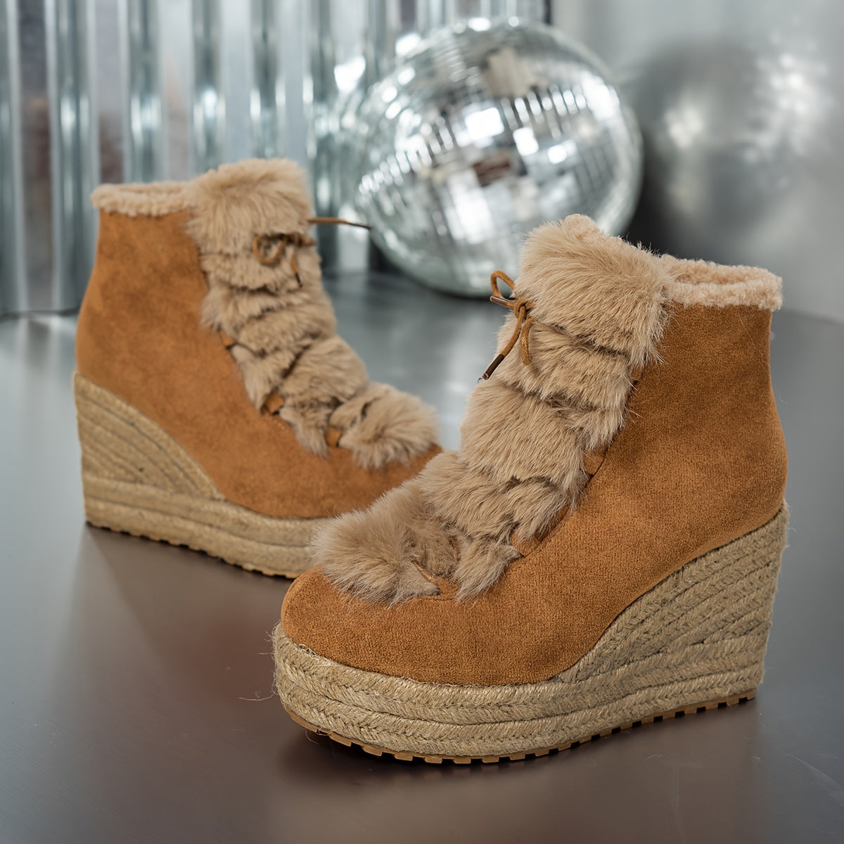 Women's Winter Casual Wedge Boots with Faux Fur Collar and Jute Rope