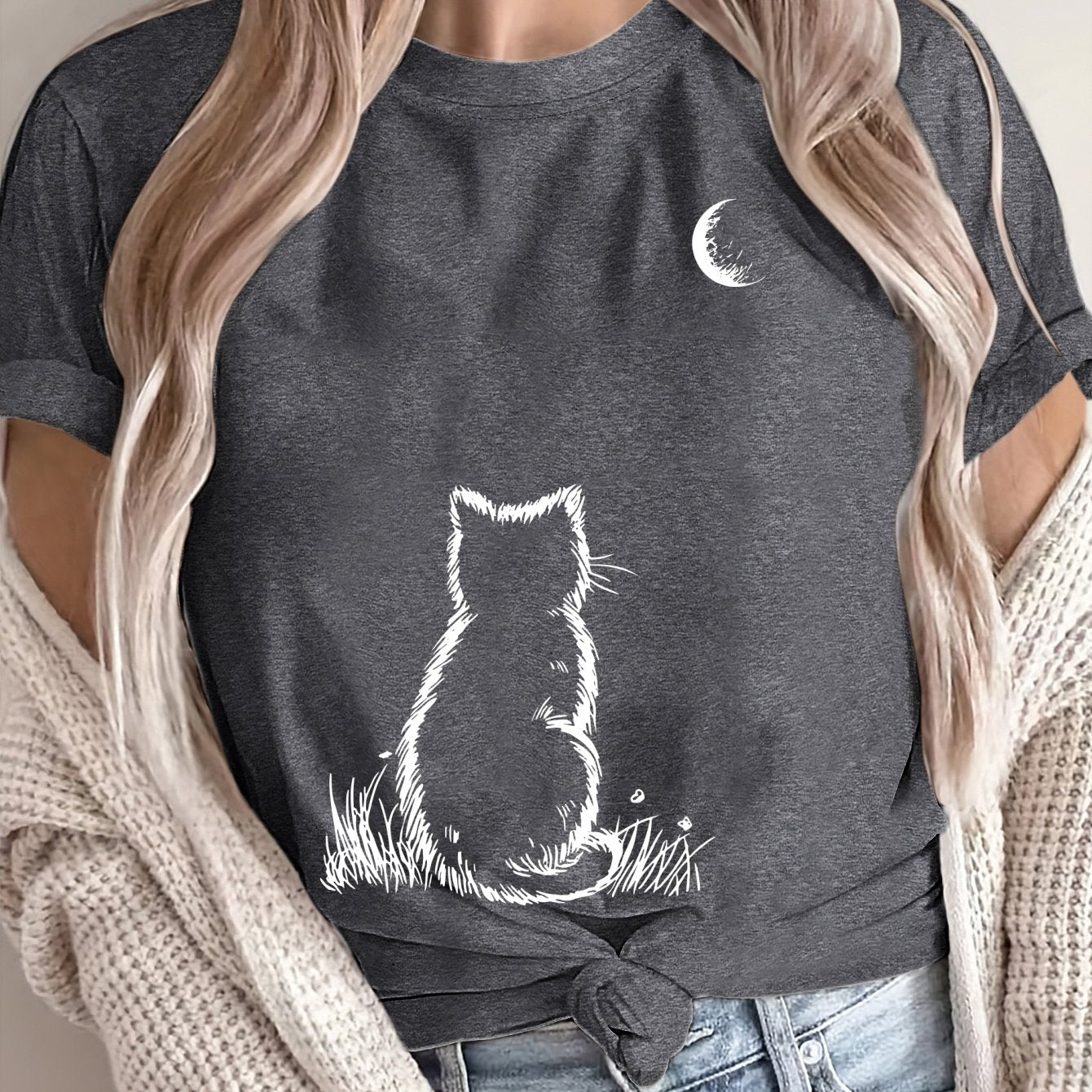 Women's Plus Size Loose Fit T Shirt Pink Geometric Cat Moon Print Casual Top
