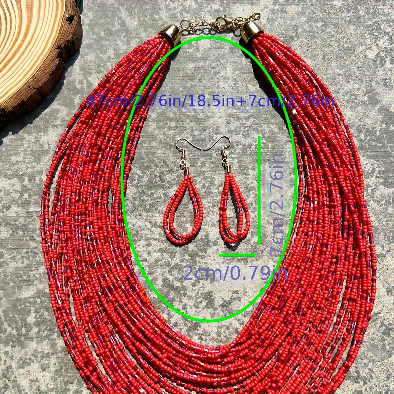 Bohemian Ethnic Style Red Rice Bead Glass Tube Necklace and Earrings Women’s Jewelry