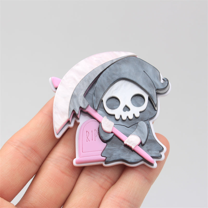 Halloween Costume Accessory Brooch, Grim Reaper Hand Scythe and Tombstone Pin, Acrylic Halloween Jewelry