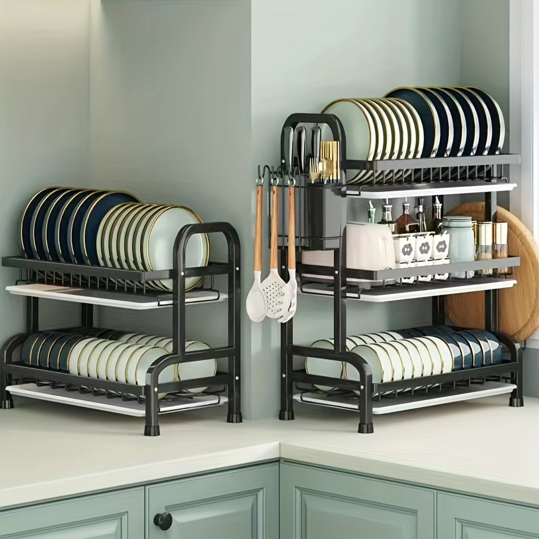 Premium Carbon Steel 3-Tier Dish Rack with Drainboard for Kitchen Organization