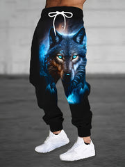 Men's Plus Size Wolf Print Athletic Pants with Drawstring Waist Pockets Polyester