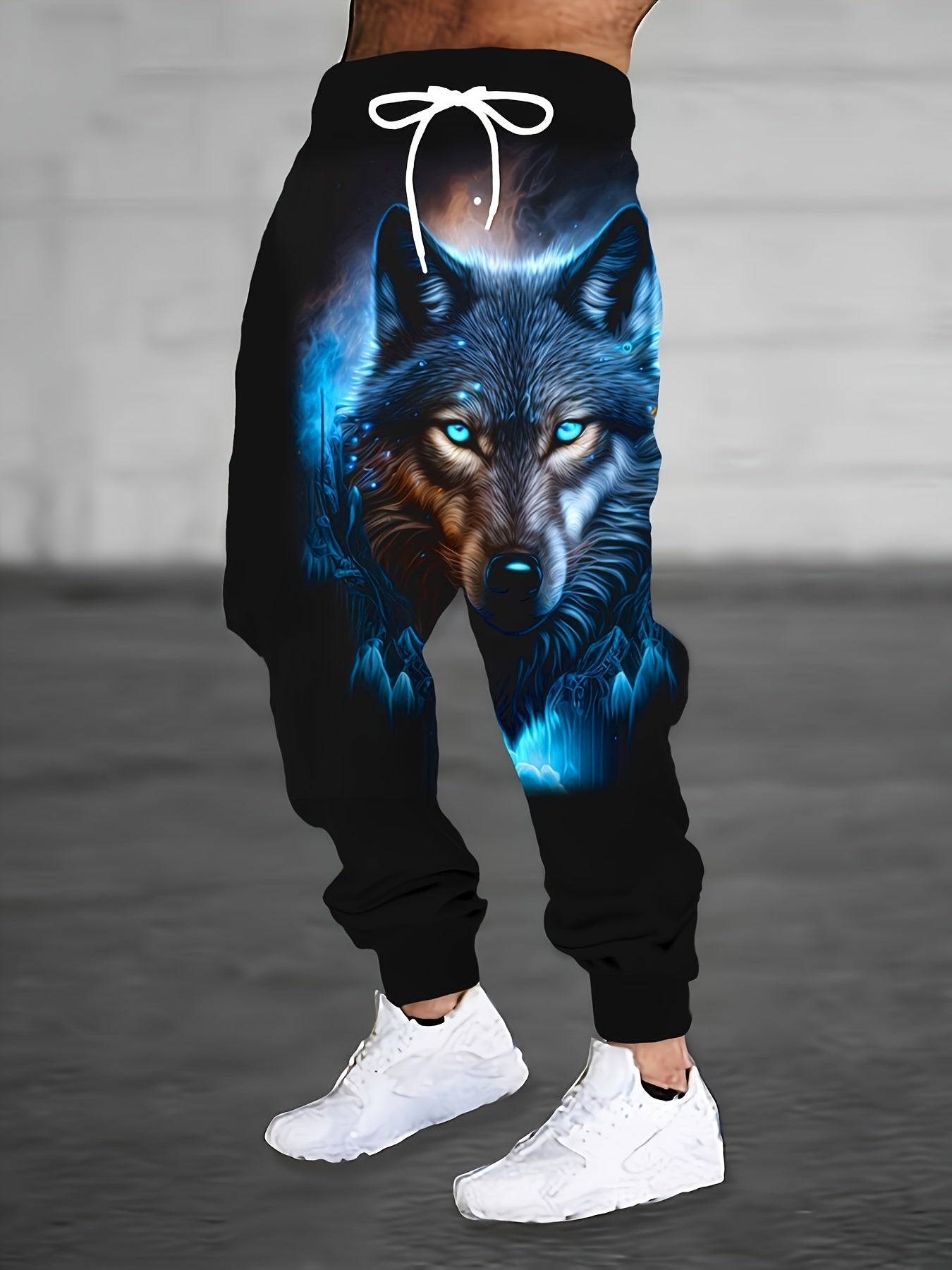 Men's Plus Size Wolf Print Athletic Pants with Drawstring Waist Pockets Polyester